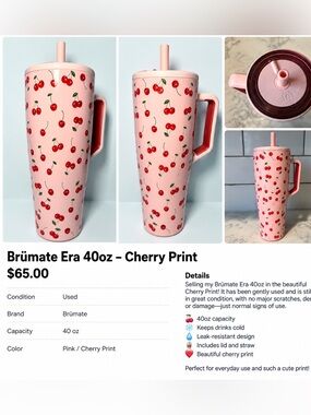 Cherry Print by BRUMATE 40oz Pink Travel Tumbler